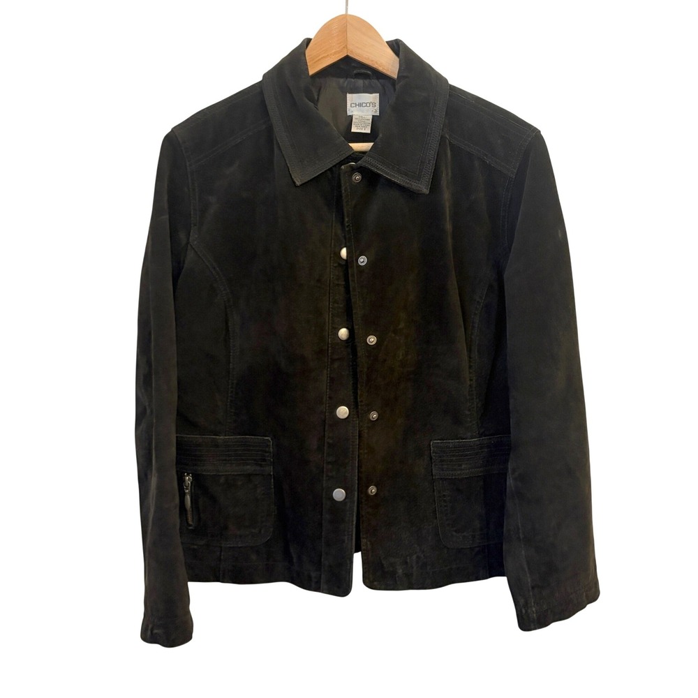Vintage Chicos Suede Leather Jacket Large 2 Chore Pockets 90s Grunge Indie Black